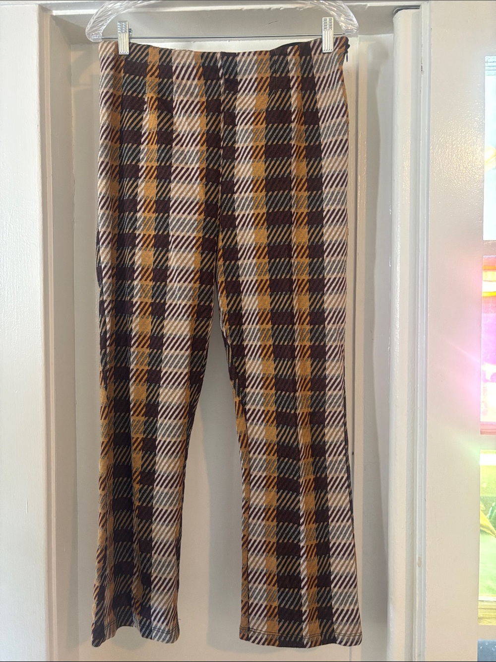 Free People Plaid Corduroy Wide-Leg Pants in Mustard, Brown & Cream